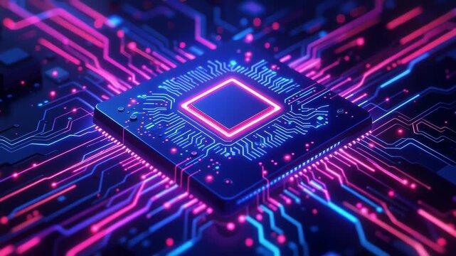 Futuristic CPU data processing with glowing neon blue and pink light trails in slow rotation 4K animation