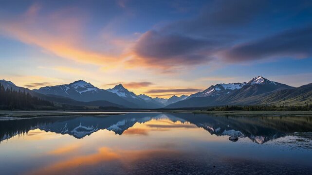 Serene twilight landscape with drifting clouds over snow capped mountains and peaceful water ripples
