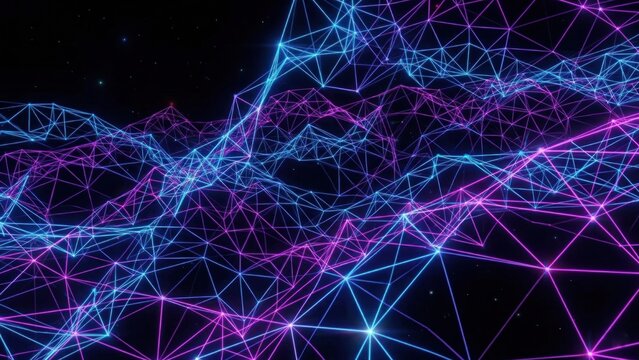 Glowing triangle network in deep space with neon blue and magenta lines, futuristic digital abstract neon background