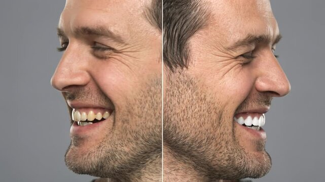 Teeth whitening before and after comparison on man face. Male smiling with yellow stained teeth and clean white teeth. Dental bleaching and oral hygiene dentistry concept
