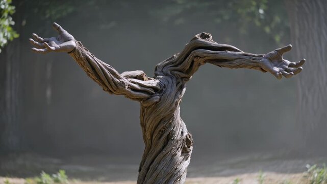 A striking bronze sculpture of a humanoid tree with outstretched arms stands in a misty forest