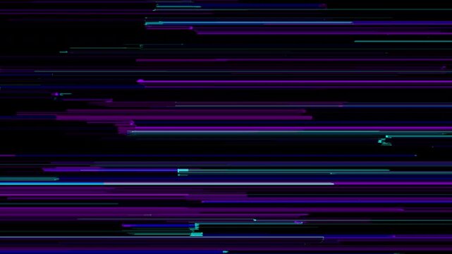 Abstract digital glitch overlay texture with bright purple and blue horizontal scanlines on a black background.