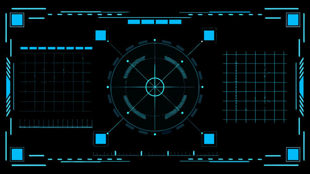 Futuristic heads up display with targeting reticle on a black background