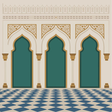Islamic architecture illustration of three green arched doors with gol