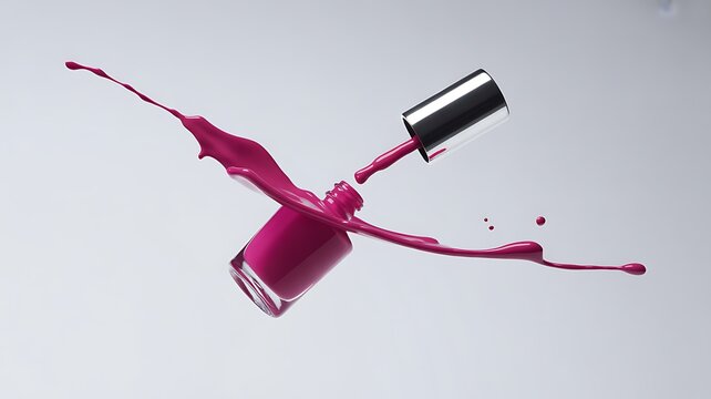 Falling nail polish bottle with splash of color, isolated on a white background.