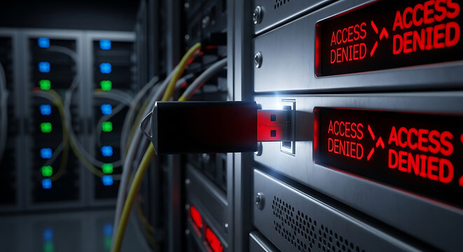 Close-up of secure server with access denied warning lights on panels