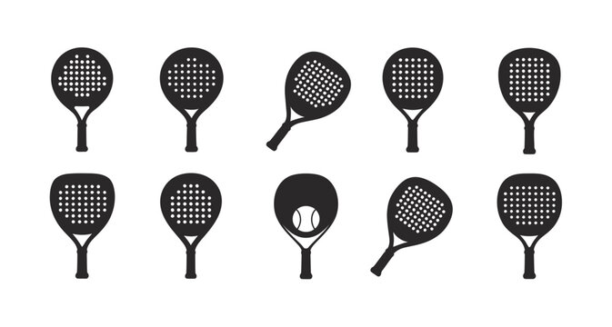 Set of padel racket logo icons vector art featuring stylized padel rackets, balls, and sporty elements, designed in a clean and modern icon style suitable for branding, sports clubs, merchandise, 