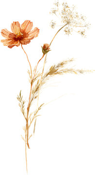 Watercolor Wildflower Bouquet Clipart PNG Transparent, Terracotta Cosmos Queen Anne Lace Pampas Grass Arrangement, Boho Rustic Wedding Floral Cluster Botanical Illustration