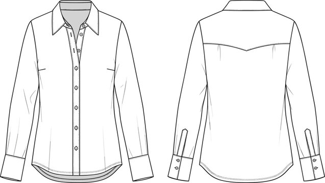 Women long sleeve button down shirt technical fashion flat sketch front and back view apparel vector illustration template outline