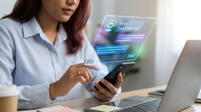 Woman interacting with a smartphone, with a virtual ai chatbot interface overlaid, demonstrating modern customer support and digital communication.