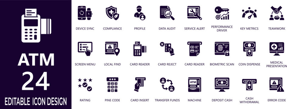 Atm icon collection set. included  finance, withdrawal, teamwork, biometric, finance, withdrawal, credit card,  security, payment, currency, and more icon.