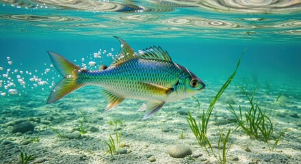 Fototapeta premium Vibrant, iridescent fish gracefully swims through clear, sunlit shallow ocean waters, surrounded by swaying green seagrass and small rocks on the sandy seabed, a serene marine scene.