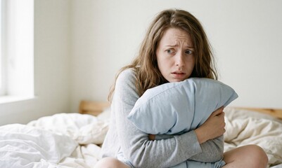 Naklejka premium Woman hugging pillow in fear while sitting on bed indoors 