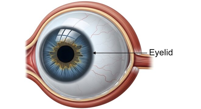 Lateral anatomical illustration of the human eye focusing on the eyelid covering the globe, showing how the movable lid protects the cornea and conjunctiva, spreads tears across the surface and contri