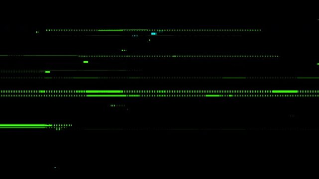 Abstract digital glitch overlay texture with bright green horizontal scanlines and artifacts on a black background.