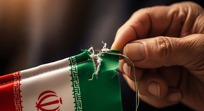 Close-up of hands holding Iranian rial banknote with emblem and security thread in soft light