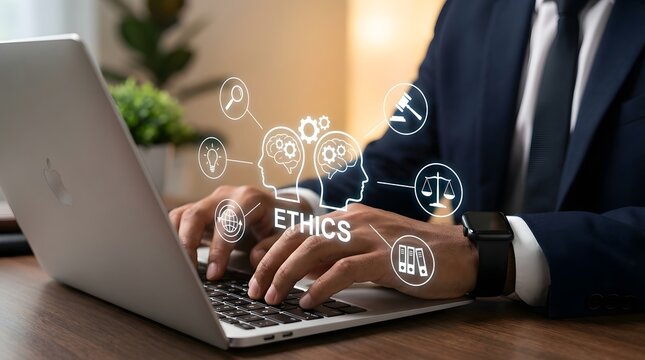 Businessman types diligently on a laptop, surrounded by holographic icons representing ethics, integrity, and justice, emphasizing responsible business practices.