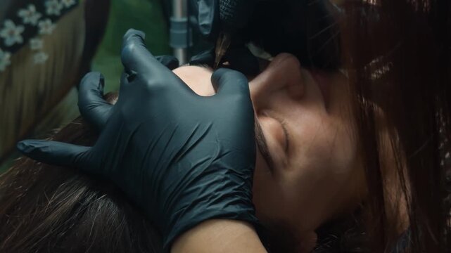 Professional aesthetician performing microblading procedure on a young woman's eyebrows, creating natural looking hairstrokes for enhanced permanent makeup brows in a beauty salon