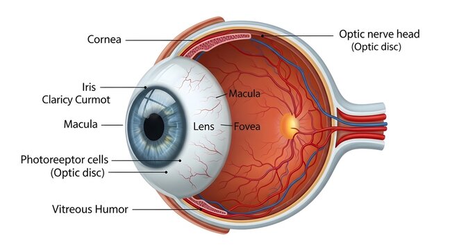 Comprehensive sagittal cross‑section illustration of the human eye showing cornea, iris, lens, macula, fovea, photoreceptor cells, vitreous humor and optic nerve head, mapping the complete visual path