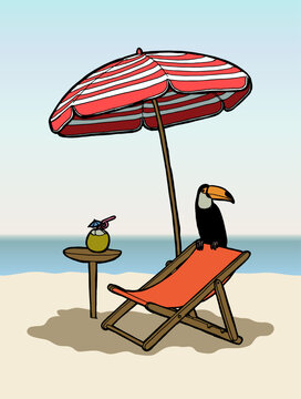 Beach vacation set with a toucan sitting on the silng chair under umbrella with a coconut cocktail on the table  Vector illustration