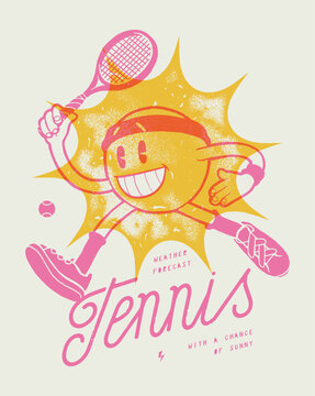 Tennis sun character wearing a headband about to hit a forehand. Vintage distressed typography tennis vector illustration t-shirt print.