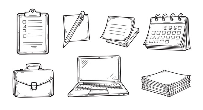 Office stationery set with clipboard notepad calendar briefcase laptop and stack of paper. Hand drawn business tools.