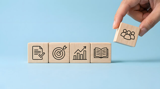 Conceptual business process development with a hand adding a team block to strategy, goals, growth, and learning elements