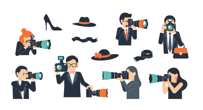 A group of cartoon photographers with cameras.
