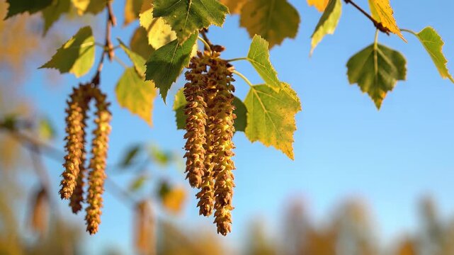 Closeup of Birch Tree Catkins Hanging Against a Blue Sky.