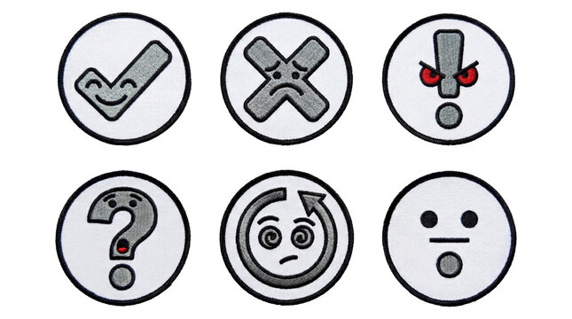 Embroidered patches with emoji symbols showing various emotions and signs isolated on transparent background