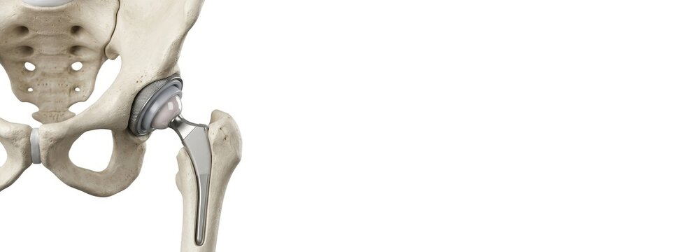 Hip joint replacement implant in human pelvis bone. Orthopedic surgery of femur joint. Artificial medical prosthesis for arthritis treatment. Anatomical model on white background, copy space