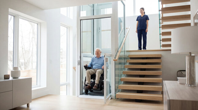 Senior man using home elevator with caregiver support, accessible living and independent aging.