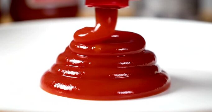 Ketchup pouring from a bottle slowly.