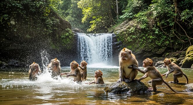 Playful family of monkeys splashes and enjoys the refreshing waters of a tropical river, with a beautiful waterfall cascading dramatically in the lush green jungle backdrop, a vibrant scene.