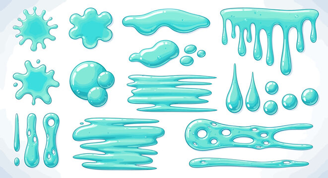 Set of light blue slime, goo, and liquid drips in various shapes and forms.