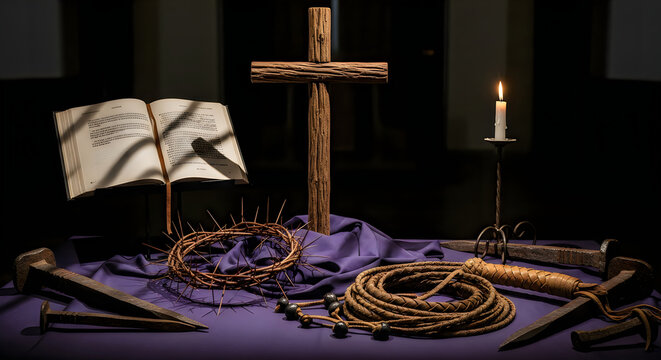 Religious symbols of sacrifice: cross, crown of thorns, nails, and whip, good friday, still life