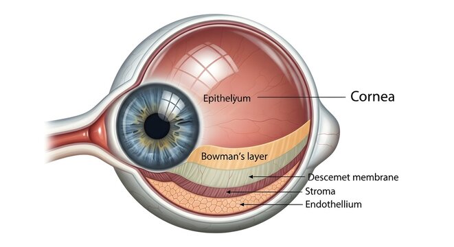 Detailed cross‑section illustration of the human cornea showing epithelium, Bowman&rsquo;s layer, stroma, Descemet&rsquo;s membrane and endothelium, explaining the layered architecture that maintains corneal tran