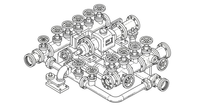 Detailed technical drawing of industrial valve system with multiple ports and connections