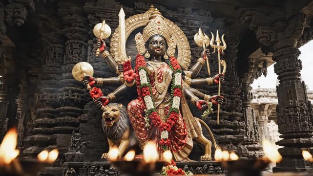 A majestic goddess statue stands with a lion in a temple surrounded by lit candles and intricate carvings.