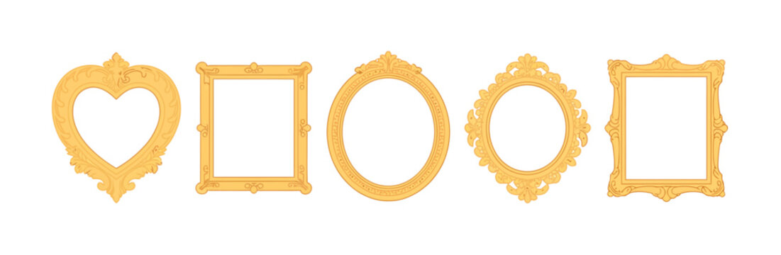 Vintage mirror frames showcasing antique decorative borders with baroque filigree details, designed as ornate picture frame silhouettes in a gold luxury cartoon style, crafted as a cohesive 