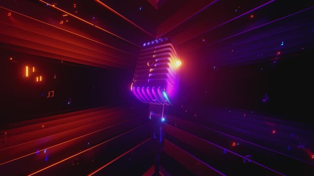 4K seamless VJ loop with glowing microphone and floating music notes for karaoke bars, VJ sets, high-tech club visuals, electronic music festivals, stage screens and for LED video walls.