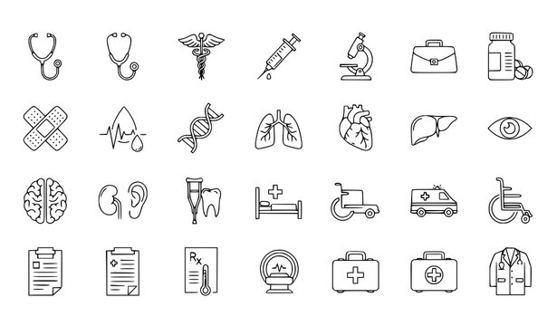 A collection of medical icons and symbols in a flat line art style