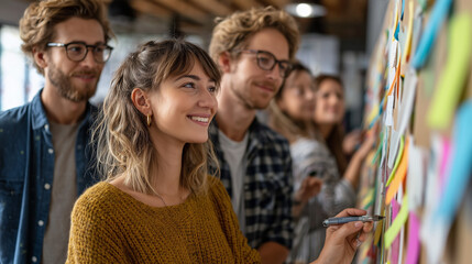 Fototapeta premium Creative team brainstorming ideas in a vibrant and collaborative workspace 