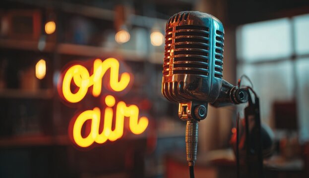 Empty podcast studio with professional microphone setup and warm ambient lighting, ready for recording or broadcasting sessions