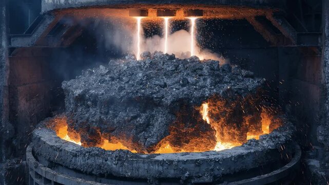 Industrial electric arc furnace meltdown with arcing electrodes above alloy charge roof closed focusing on the molten metal transformation in a controlled environment.