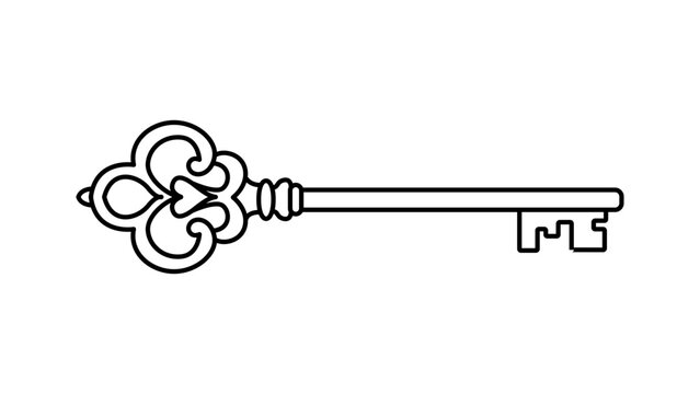 Hand-drawn skeleton key vector icon. Minimalist black line illustration of an ornate vintage antique key on a white background. Scalable outline design for logo, web, and graphic design projects.