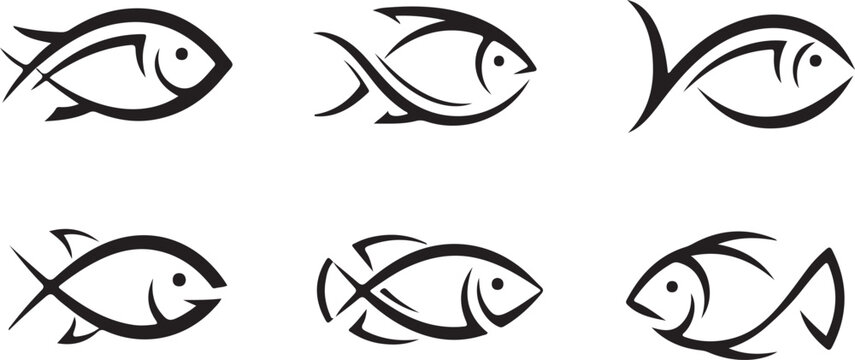 Stylized black fish silhouettes swimming on white background