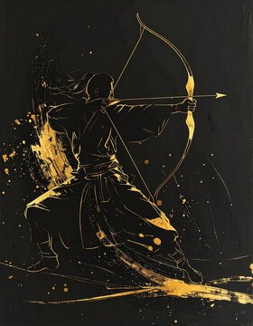 黒背景に弓を引く金の弓道侍の墨絵シルエット