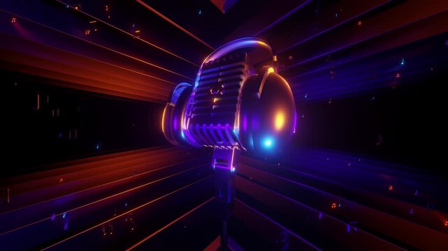 4K seamless VJ loop with glowing microphone and floating music notes for karaoke bars, VJ sets, high-tech club visuals, electronic music festivals, stage screens and for LED video walls.