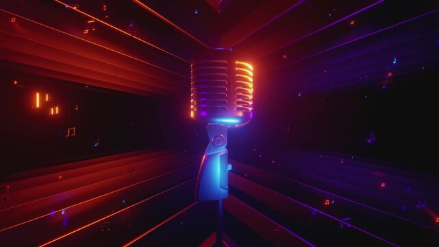 4K seamless VJ loop with glowing microphone and floating music notes for karaoke bars, VJ sets, high-tech club visuals, electronic music festivals, stage screens and for LED video walls.